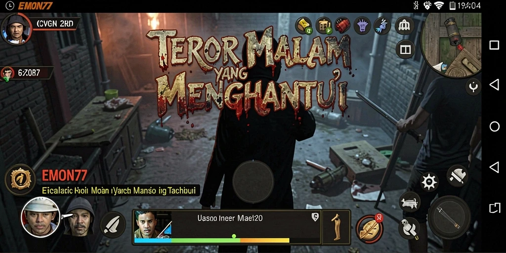 Screenshot menunjukkan suasana mencekam dalam gameplay EMON77.