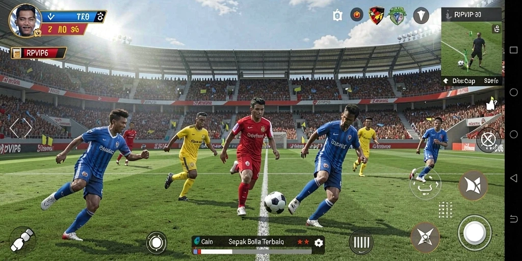 Tampilan gameplay seru di RPVIP6 dengan aksi sepak bola yang mendebarkan.